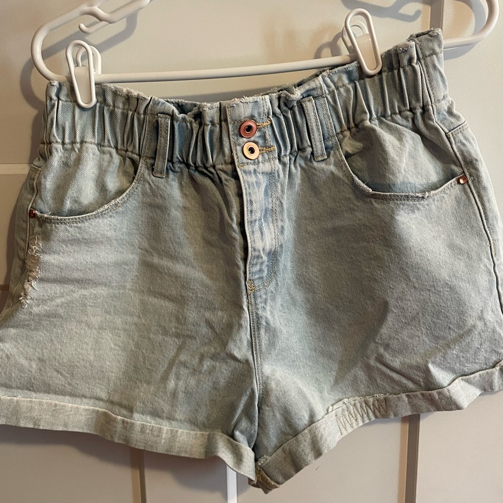 A loves A light wash denim paper bag high rise cinched waist shorts